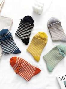 5 Pairs Girls' Vintage Plaid Mid-Calf Socks, Cute Colorful Checkered Lace Socks, Suitable For Girl And Teens For Daily Sports And Casual Wear, Injinji Socks, Random Colors - Multicolor - View 7