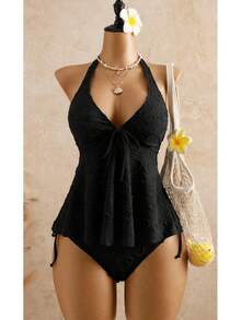 2026 European & American Style Lace Bikini, Halter Tie Ruffle Hem Tummy Control Two Piece Swimsuit For Hot Spring & Beach - Black - View 1