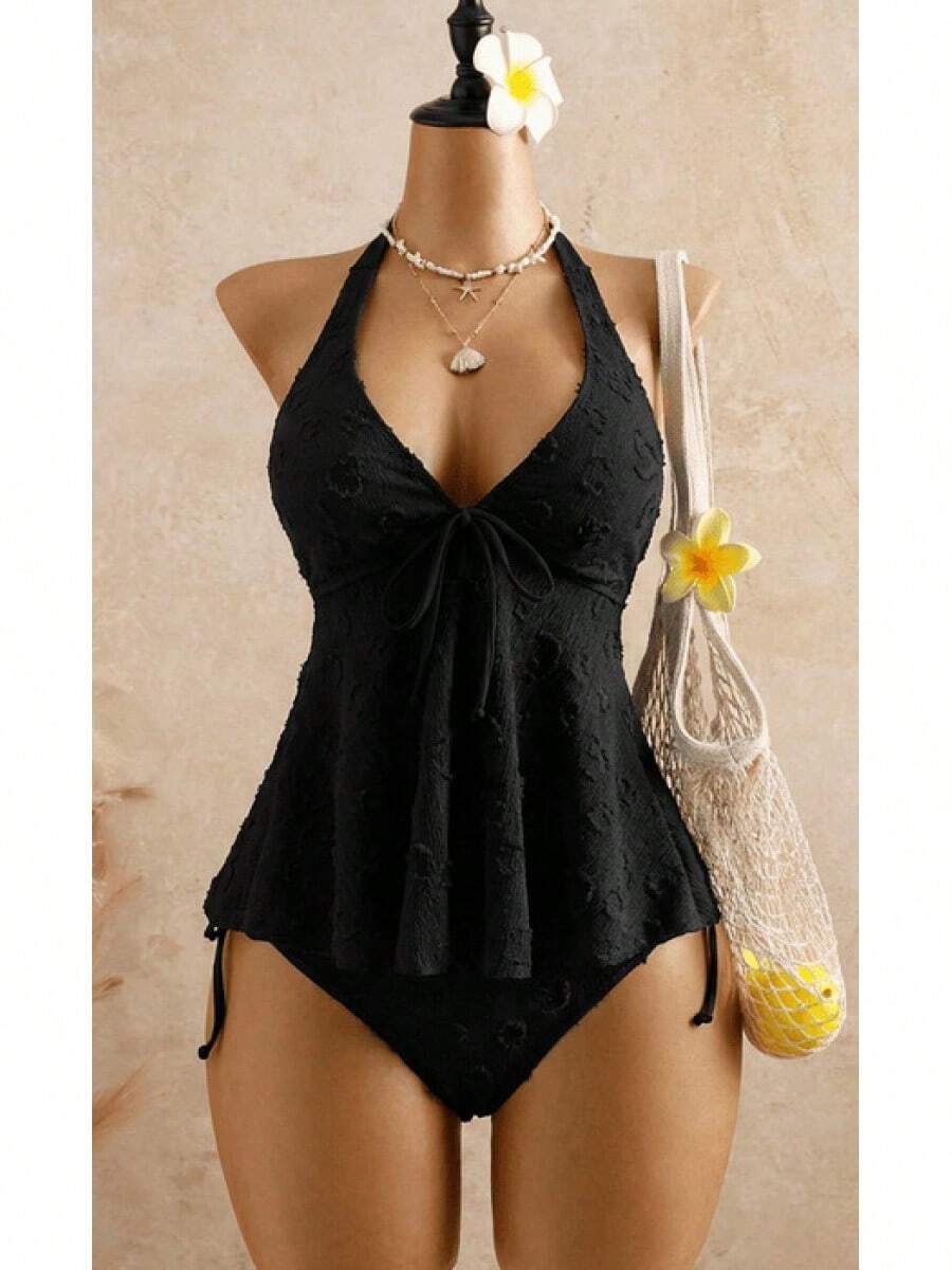 2026 European & American Style Lace Bikini, Halter Tie Ruffle Hem Tummy Control Two Piece Swimsuit For Hot Spring & Beach - Black - View 1