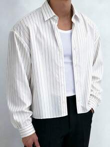 Men's Single-Breasted Casual/Commute Striped Short Sleeve Shirt - White - View 2