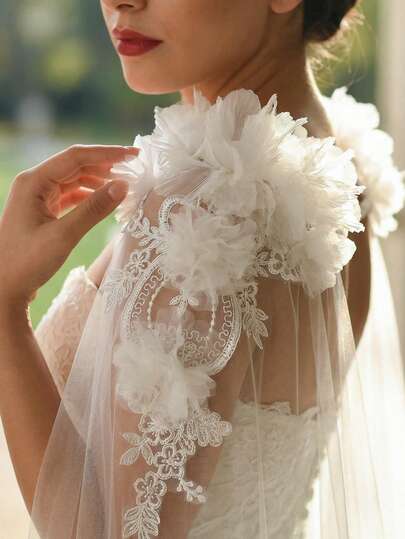2 piezas Chal nupcial largo con decoración de perlas y flores, cubierta de brazo elegante y de moda, adecuado para vestido de novia, vestido de noche, vestido de fiesta