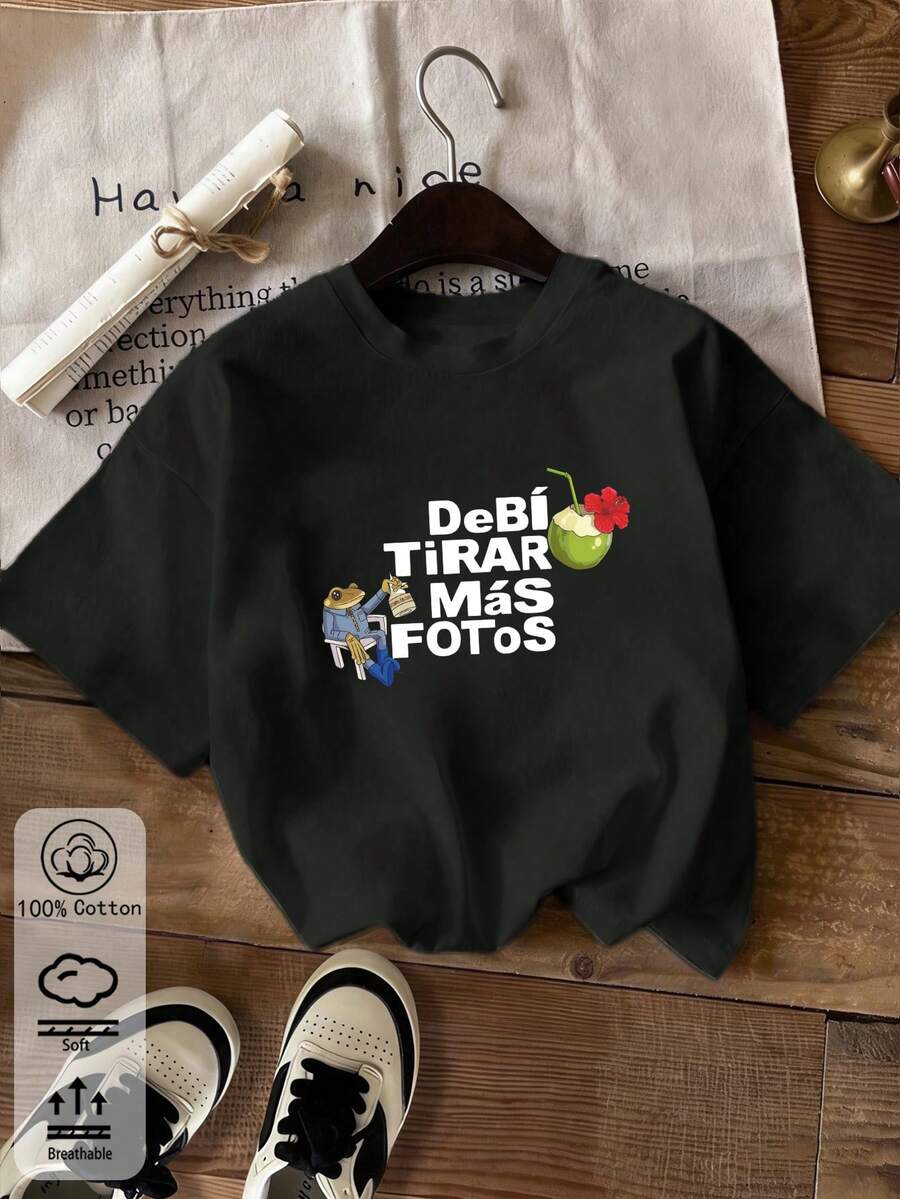 夏季新款圓領 DTMF 圖案修身正肩 T-shirt，度假旅行海灘穿搭 - 黑色 - 查看 1