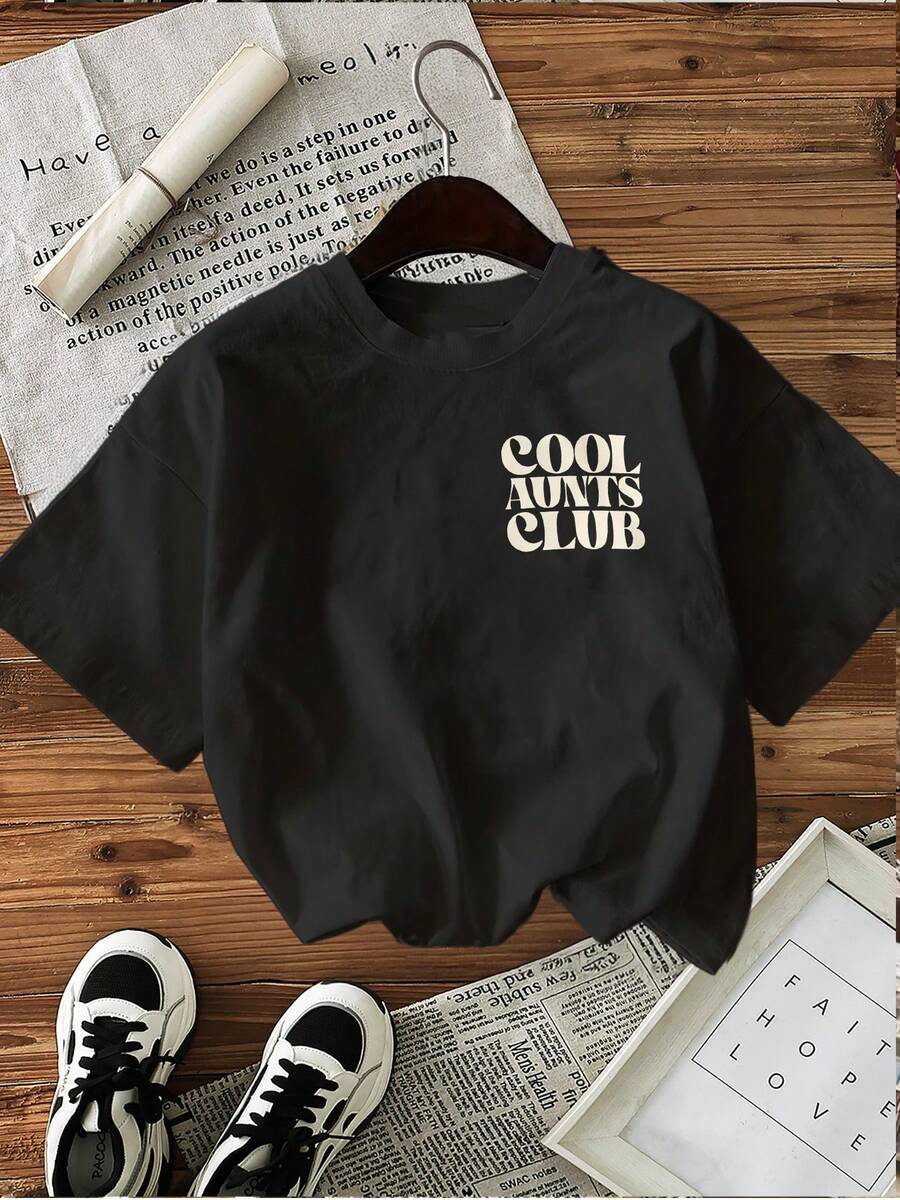 Camiseta estampada verde oliva para mujer - con el eslogan "PROUD MEMBER COOL AUNTS CLUB & LIKE A MOM", de manga corta y cuello redondo, estilo casual, tela ligera y transpirable, lavable a máquina, cómoda para primavera y verano. - Negro - Ver 1