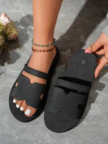 Girl's Fashion Flat Sandals, Outdoor Vacation Beach Casual Slippers, Comfortable Indoor Slippers - Black - View 4