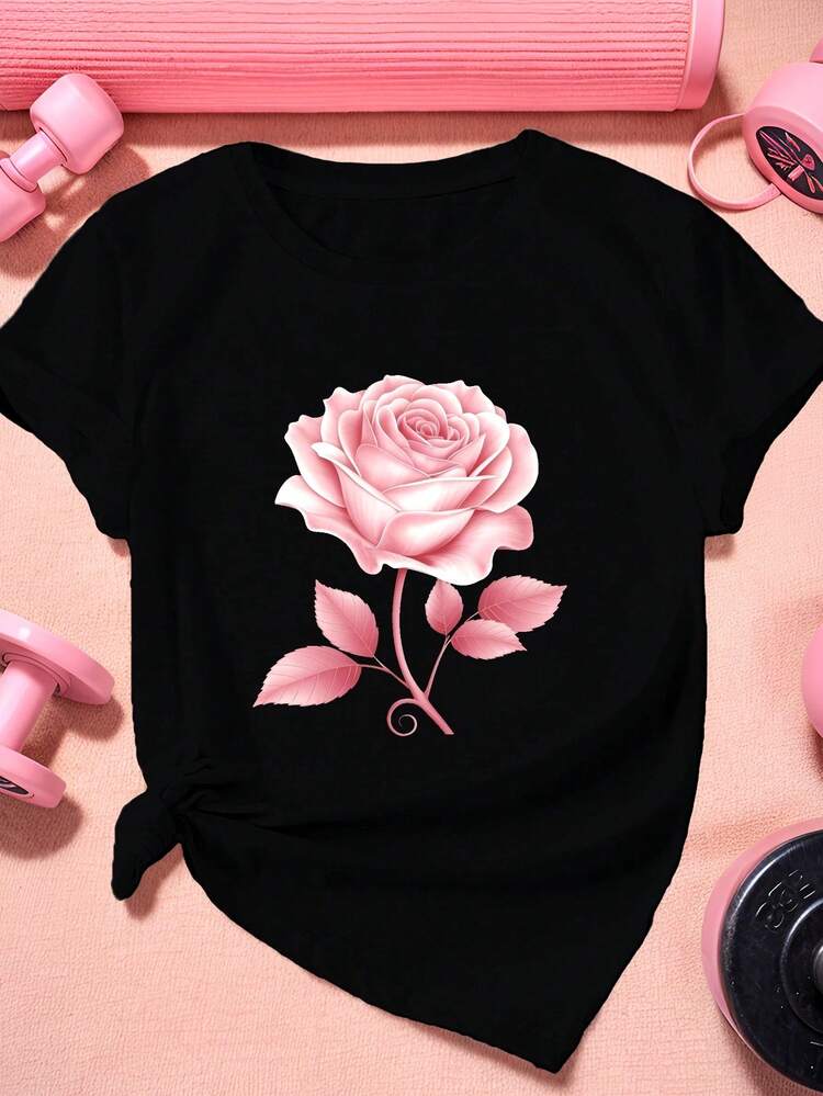 Camiseta Deportiva de Manga Corta para Mujer, Talla Grande, Diseño Exquisito con Rosa Individual - Negro - Añade 8