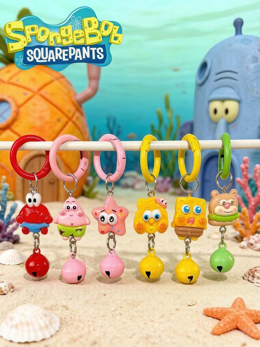 SpongeBob SquarePants 6pcs SquarePants Series Dolls With Bell Keychains, Random Color And Style, SquarePants Cartoon Image Of Big Star Octopus Brother, Party Decorations, Cute Anime Bag Decorations - Multicolor - View 1