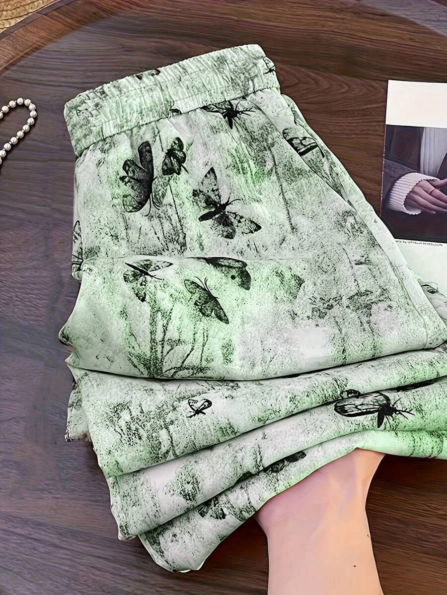 Women's High Waist Retro Black Butterfly Pattern Straight Leg Pants, Suitable For Casual Outings And Vacations In Spring/Summer - Green - View 1