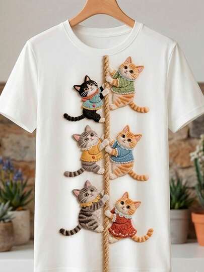 Tshirt Feminina Gatos e Croches - Camisa Streetwear Unissex 100% Algodão Plus Size
