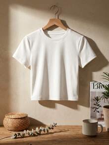 Camiseta de mujer de manga corta, cuello redondo, ajuste ceñido, estilo casual para primavera y verano, camiseta de mujer, top básico de mujer, top corto, top para exteriores en color blanco - Blanco - Ver 4