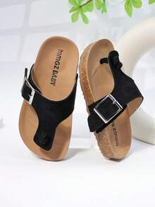 夏季新款儿童木底凉鞋防滑女童人字拖幼儿露趾沙滩鞋女童低跟拖鞋 - 黑色 - 查看 4