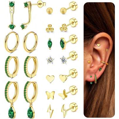 Diamday 11 pares de pendientes de aro pequeños y delicados chapados en oro de 14k para múltiples perforaciones, set de pendientes de cartílago de espalda plana para mujeres