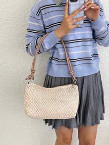 1 Túi đeo chéo bằng rơm đan tối giản dành cho nữ, túi đeo vai bằng rơm giấy nhẹ, túi xách đi biển thường ngày, ví cầm tay phong cách Boho có họa tiết với dây đeo điều chỉnh được. - Màu Khaki - Xem 5