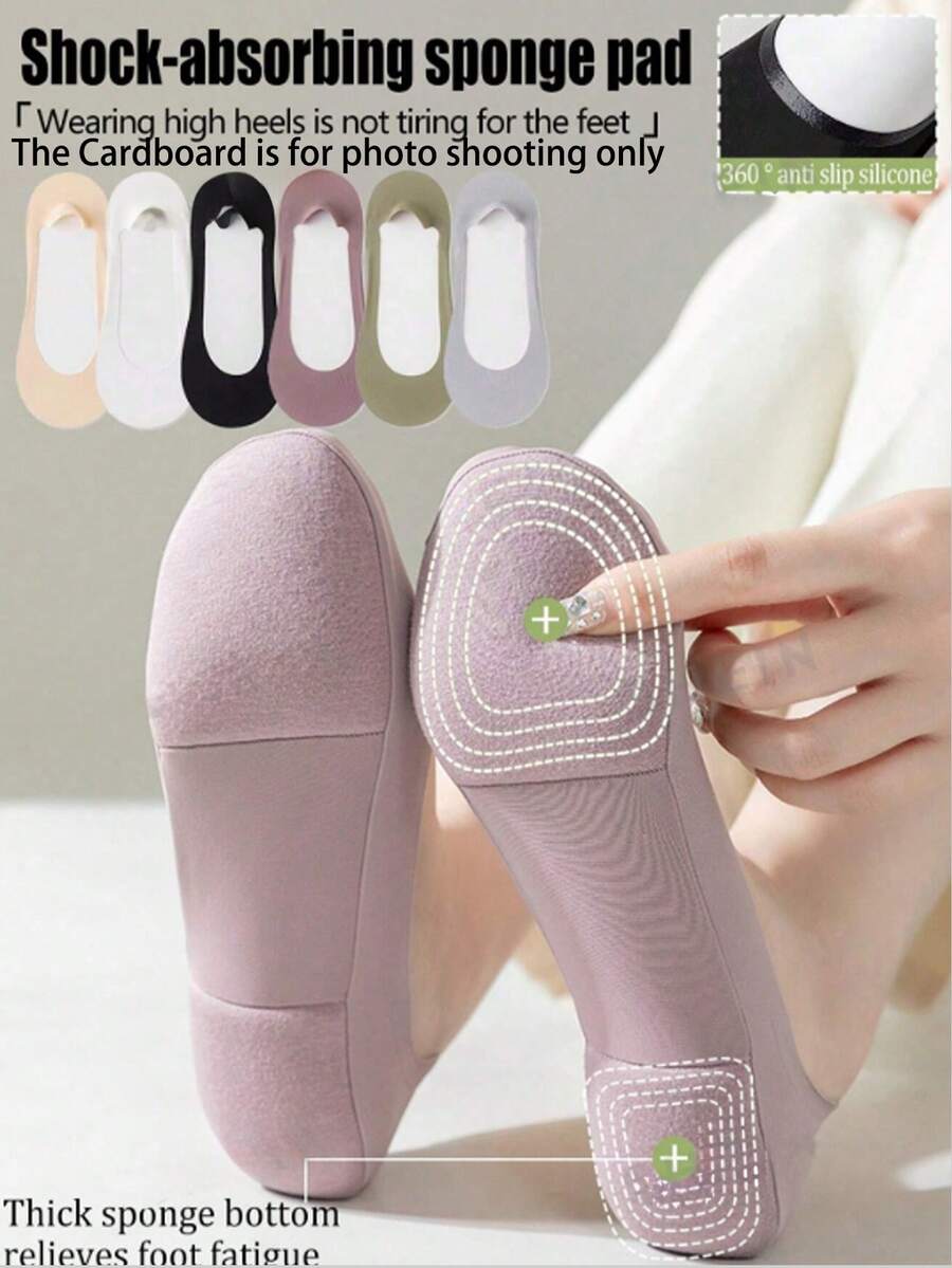 4 Pairs/6 Pairs Women's Multi-Color Sponge Padded Boat Socks, Thin Breathable Non-Slip Hidden Ankle Socks For Spring/Summer/Autumn, Suitable For High Heels And Shoes, Versatile Daily Wear (No Paper Card) - Multicolor - View 1