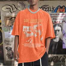 Oversized Graphic Tshirts For Men Acid Wash Los Angeles Vintage Tees Streetwear Baggy Cotton Shirts Casual Topssummer Outfits For Women - 橘色 - 查看 2