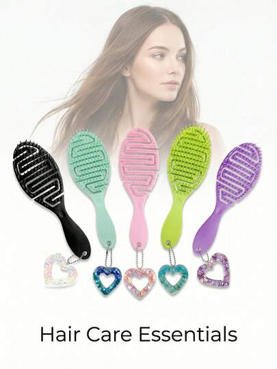 5 colores disponibles Peine para el cabello con forma de corazón y diseño hueco, colores macarrón negro/verde claro/rosa/verde brillante/morado, cada uno con un colgante exclusivo con corazón brillante. Transpirable, de secado rápido, compatible con secador de pelo. Los dientes redondos evitan enredos y estática. Adecuado para cabello liso, rizado, grueso y fino. Uso en casa y de viaje, herramienta de peinado de alta calidad digna de influencers.
