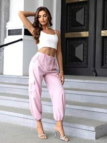 Women's Casual Fashion Street Drawstring Waist Flap Pocket Cargo Jogger Pants Pink - Pink - View 1
