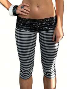 Womens Lace Trim Plain 3/4 Leggings Gym Stretch Capri Cropped Jogging Pants - Màu xám đen - Xem 1