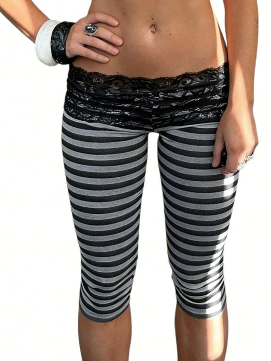 Womens Lace Trim Plain 3/4 Leggings Gym Stretch Capri Cropped Jogging Pants - Màu xám đen - Xem 1
