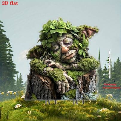 Cọc trang trí sân vườn 2D bằng acrylic phẳng với hình nàng tiên rừng tựa vào gốc cây, bao quanh là rêu và cây xanh, mỏng 0.2cm, trong suốt, theo phong cách cổ tích.