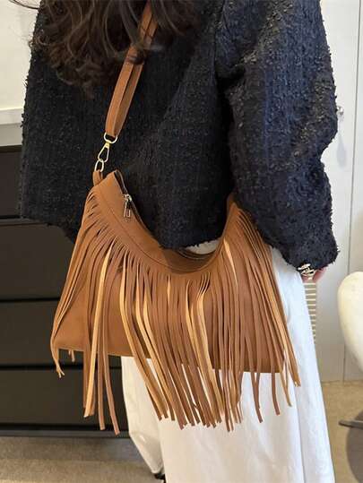 Túi đeo chéo một vai kiểu denim độc đáo dành cho nữ, mẫu mới năm 2024, túi tua rua phong cách bohemian retro cho mùa thu/đông.