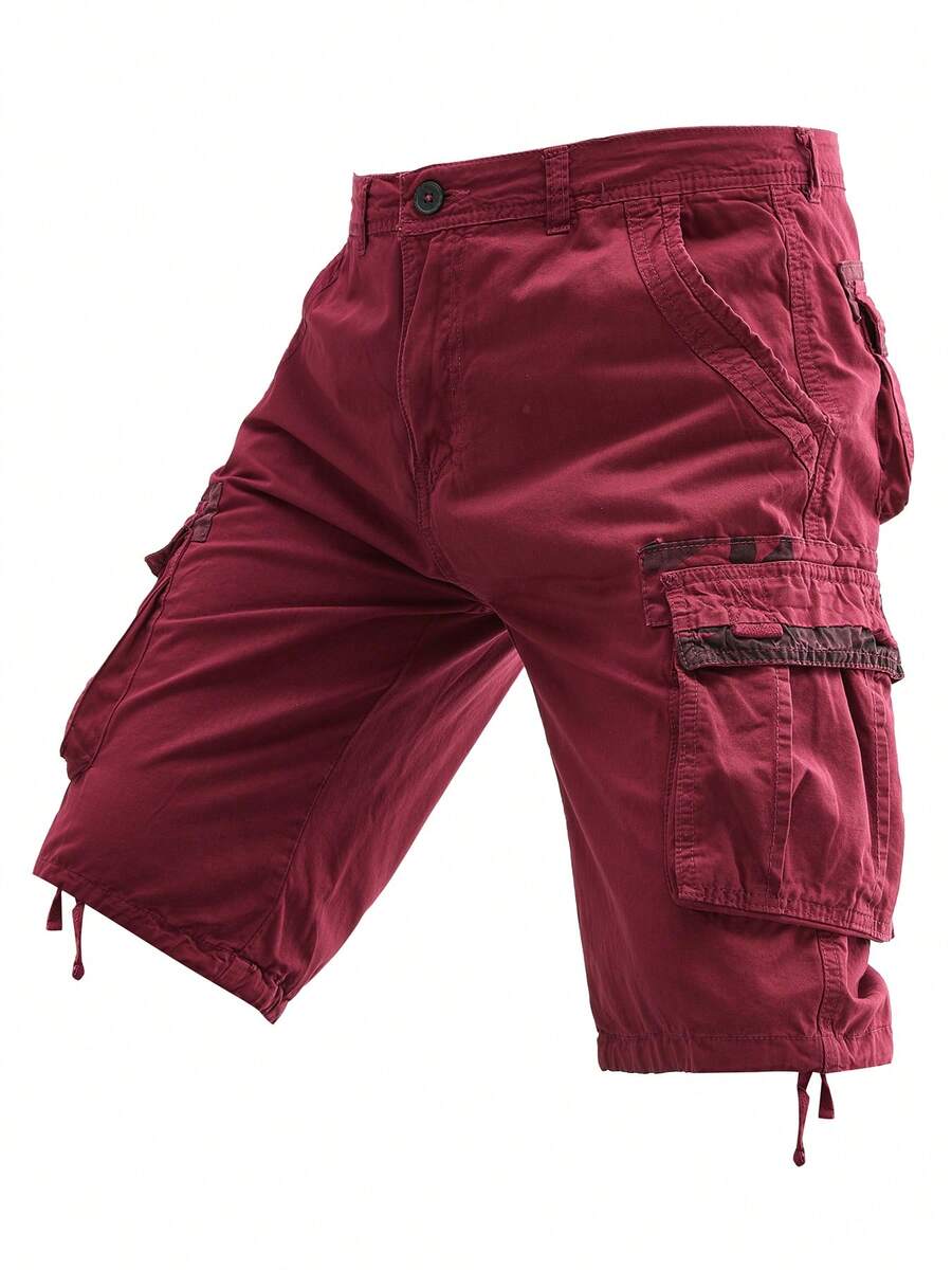 Plus-Size Men's Solid-Color Pure Cotton Fashionable Casual Campus College Style American High Street Outdoor Mountain Tactical Style Workwear Shorts - 珊瑚紅 - 查看 1