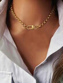 1 pieza Collar con colgante de tono dorado para mujer, con 26 etiquetas con letras, llavero, anillos ovalados con rhinestones, colgante en forma de lágrima azul y colgante en forma de rayo. Su diseño poderoso y estilo elegante muestran un estilo personalizado, adecuado para uso diario y también un gran regalo. - Dorado - Ver 2