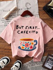 Camiseta de manga corta de verano para mujer con estampado divertido de corazón y taza de café, de cuello redondo, color rosa, de estilo casual y versátil - Blanco - Ver 2