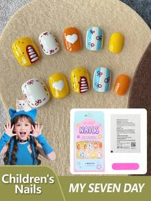24pcs Milky White Teddy Bear Theme Short Nails For Children, With Gentle Beige Base And Warm Brown Cartoon Elements. Soft And Cute Style, Radiating Adorable Charm, Suitable For Children To Wear. - Multicolor - View 1
