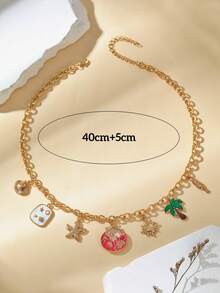 女士夏季海滩风情项链 - 镀金粗链，搭配贝壳、海星、椰子树和太阳吊坠 - 波西米亚风度假珠宝礼品 - 彩色 - 查看 5