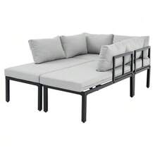 Garden Dining Set, Garden Furniture Set, Garden Lounge Chair Set With Galvanized Iron Frame, 6 Seats, Adjustable Feet, Removable Backrest, Modular Sofa, Galvanized Iron Tabletop, Grey - Grey - View 5