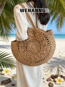 1pc Large Round Straw Tote Bag, Woven Beach Shoulder Bag With PU Leather Strap, Lightweight Boho Style Casual Handbag, Suitable For Summer Vacation, Travel, Shopping, Daily Use, For Women/Girls/Young Adults, Suitable For Beach/Resort/Seaside/Travel - Brown - View 1