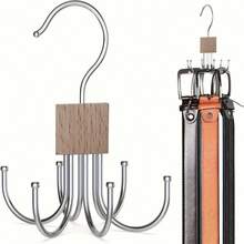 1pc High-Capacity Multi-Purpose Belt Hook, Rotating Wooden Belt Rack Wardrobe Organizer Cabinet, Used For Belts, Bras, Vests, Ties, Scarves, Stainless Steel Hooks, Fashionable Wardrobe Accessories - 黑色木塊 - 查看 3