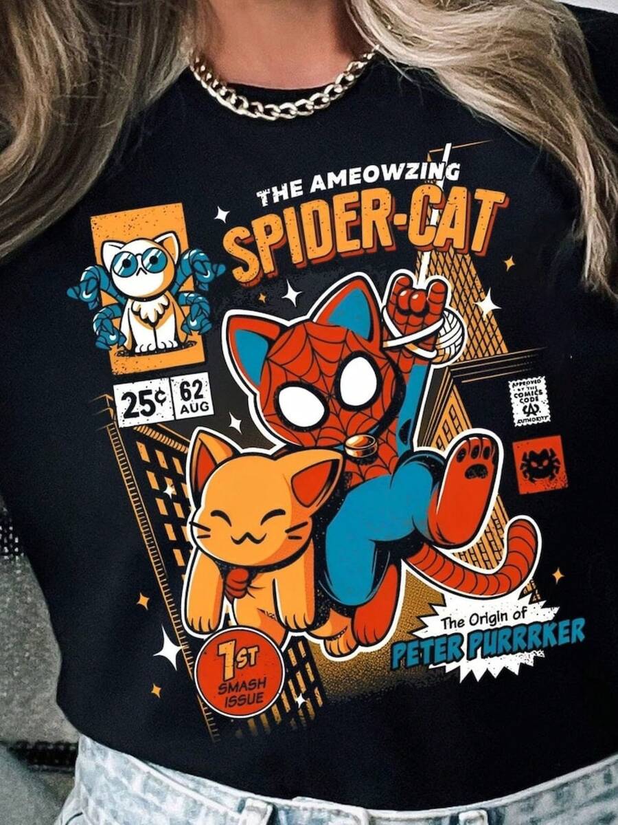 The Ameowzing Spider Cat Shirt The Spider-Verse T-Shirt Marvel Comics Tee Land Family Outfits Spiderman Cat, Cat Lover Shirt Summer Clothes,Summer Tops,Graphic Tee,Funny T Shirts,T Shirts For Men,Tops For Women,Girls Clothes,Clothes For Girls,Boys Clothes,Holiday Outfits For Women,Summer Holiday Outfits,Girls Holiday - Black - View 1