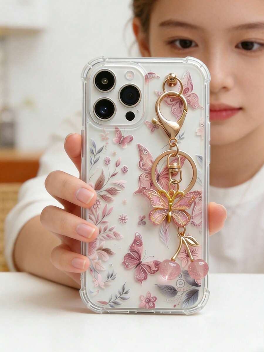 1 chiếc ốp lưng điện thoại trong suốt họa tiết bướm thời trang và dễ thương kèm mặt dây chuyền hình bướm và quả anh đào, tương thích với iPhone 17/17 Air/17 Pro/17 Pro Max/16/16 Pro/16 Plus/16 Pro Max/15/14/13/12/11/13, 14 Pro Max, 11 - Ốp lưng điện thoại TPU mềm chống sốc và chống rơi