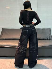 1pc Women's Fashionable Distressed Embroidered Loose Fit High Street Wide Leg Jeans, Comfortable Casual Denim Pants, Versatile For All Seasons (Belt/Accessories Not Included) Black Spring - Black - View 8
