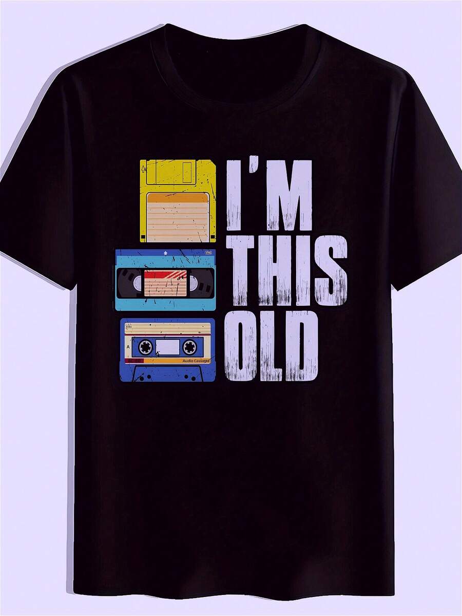 Men's Vintage "I'M THIS OLD" Cassette Graphic T-Shirt- Black Music Tee With Bold White Print, Breathable Summer Casual Round Neck Top, Birthday Gifts, Christmas Gifts, Christmas Gifts, , Halloween, Souvenir Shirts For Friends And Lovers, PLUS - màu đen - Xem 1