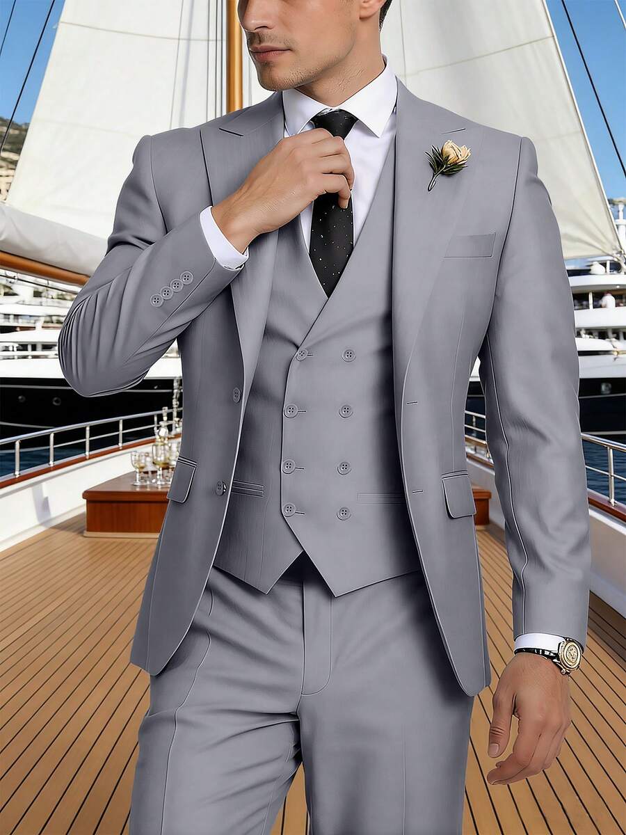 Men's Suits 3 Pieces Suit Set For Men Elegant Solid Slim Fit Wedding Peak Lapels Blazer Double Breasted Vest Pants Formal Suit For Business Party Prom Size XS-3XL Fall Winter Clothes For Men - 淺灰色 - 查看 1
