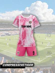 2 pièces Ensemble de maillot de football rose personnalisé, personnalisé avec nom et numéro, tissu respirant haute performance pour les matchs, image d'équipe sportive personnalisée - Rose bonbon - Voir 2