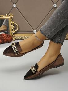 女士尖头图案平底鞋，新款秋季户外日常穿着乐福鞋，时尚软底工作驾驶莫卡辛鞋，舒适百搭套脚鞋，随机图案设计 - 棕色金絲絨-方扣鏈條 - 查看 3