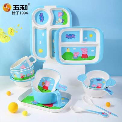 Peppa Pig-cuencos de sopa Kawaii, plato de cena anticaída, vajilla dividida de dibujos animados para niños, plato de comida, tazón, taza, cuchara, , inodoro