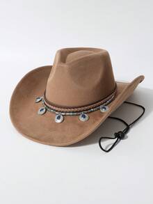1 Stück beiger Kunstsuede Cowboyhut, klassische Cowboyhut Struktur - hoher Kopf (mit charakteristischer eingedrückter Spitze) + breite Krempe (leicht nach oben gebogener Krempenrand, typisches Western-Hutdesign), klare Silhouette. Windbeständiges Design: Verstellbare Windschnur unter der Krempe. - Zylinder - Übersicht 2