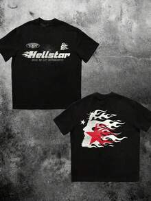 T Shirt Print ,Graphic-Cotton Tees Size Plus, Cartoon Round Neck Short Sleeve, (220 Cotton T-Shirt Double-Sided Printing) 1pc Flame & Star Graphic T-Shirt, Y2K, Streetwear, Digital Print T - Shirt Casual Comfort Cotton Tee For Spring & Summer Fall Men's Clothing, Halloween Gift,Unisex,Y2K,Oversized Shirt Men,With Shirt,Summer Tops,Shirt Suitable - 黑色 - 查看 8