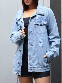 Maxi Oversized Denim Jacket With Pockets, Women's Long Winter - Marbled - View 4