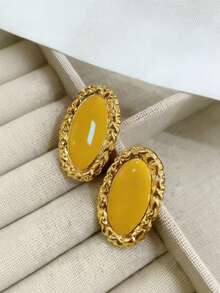 小众设计几何椭圆形姜黄滴釉耳环 925银编织扭纹简约优雅耳环 - 黃色 - 查看 2