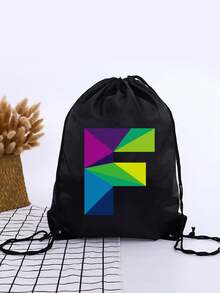 1pc Geometric Colorblock A-Z Letter Drawstring Backpack, Rainbow Letter Print Cinch Bag, Lightweight Sports Fitness Travel School Backpack - Black - View 32