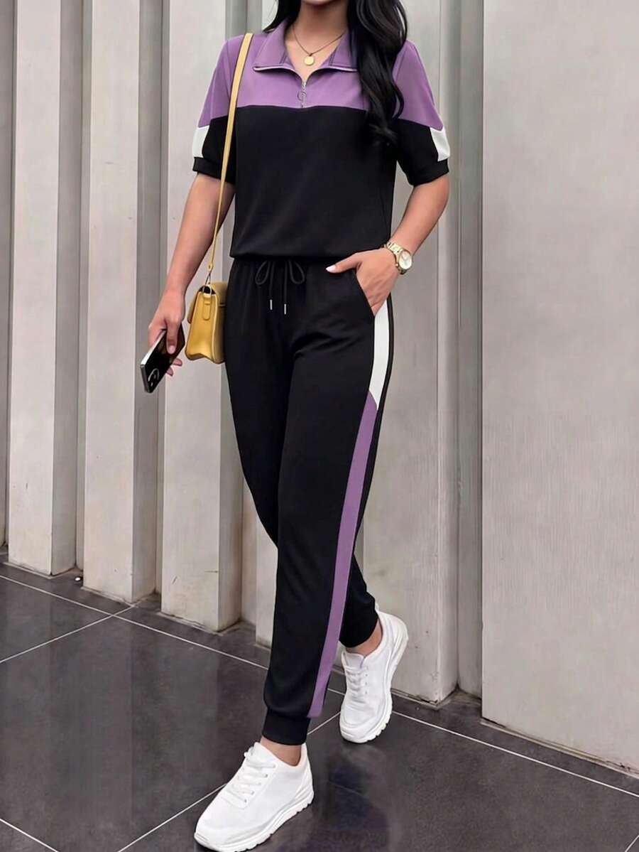 Bộ đồ công sở nữ thường ngày, áo polo tay ngắn phối màu tương phản thoải mái, rộng rãi + quần lửng ống đứng sọc tương phản có dây rút, bộ 2 mảnh, hàng mới về mùa xuân/hè, áo len cổ bẻ nửa thân đa năng phối với quần lửng cạp cao dáng rộng, bộ 2 mảnh thanh lịch - Màu tím - Xem 1