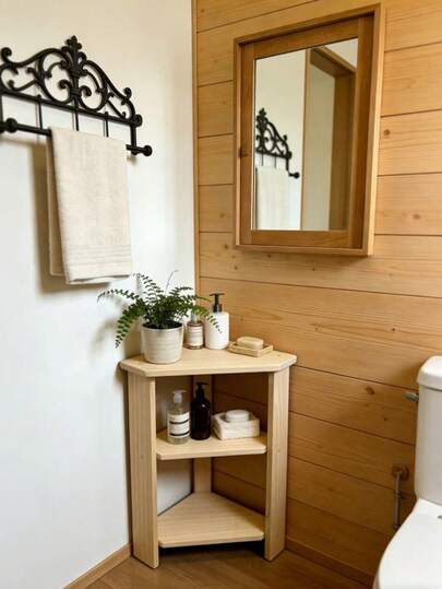 3-Tier Independent Wooden Corner Shelf, Suitable For Bathroom, Living Room, Bedroom, Space-Saving Corner Stand, Natural Wood Color