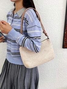 1 Túi đeo chéo bằng rơm đan tối giản dành cho nữ, túi đeo vai bằng rơm giấy nhẹ, túi xách đi biển thường ngày, ví cầm tay phong cách Boho có họa tiết với dây đeo điều chỉnh được. - Màu Khaki - Xem 4