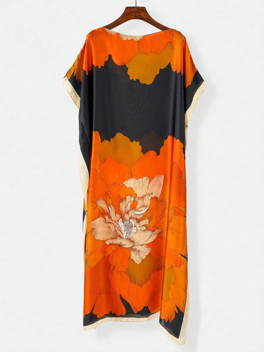 1pc Women's Elegant Floral Print Faux Silk Cover Up Shawl, Lightweight Breathable Satin Kimono Robe For Spring/Summer Beach, Vacation, Sun Protection,Holiday - Orange - View 1