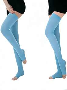 2双男女通用大腿高筒压缩袜，露趾设计，静脉曲张腿部支撑袜 - 彩色 - 查看 15